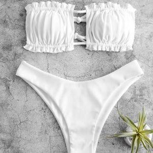 Ribbed Tie Cutout Bandeau Bikini Swimsuit